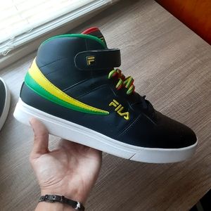 Black, green, and yellow Fila high top sneakers